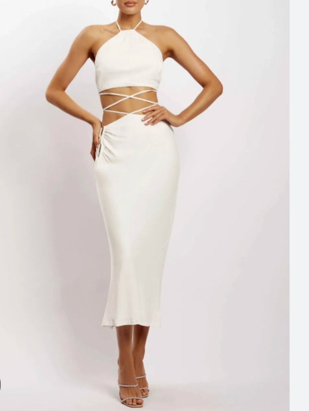 Nwt Meshki Leanne Halter Tie Front Midi Dress White Satin 2pc Set- Flaw